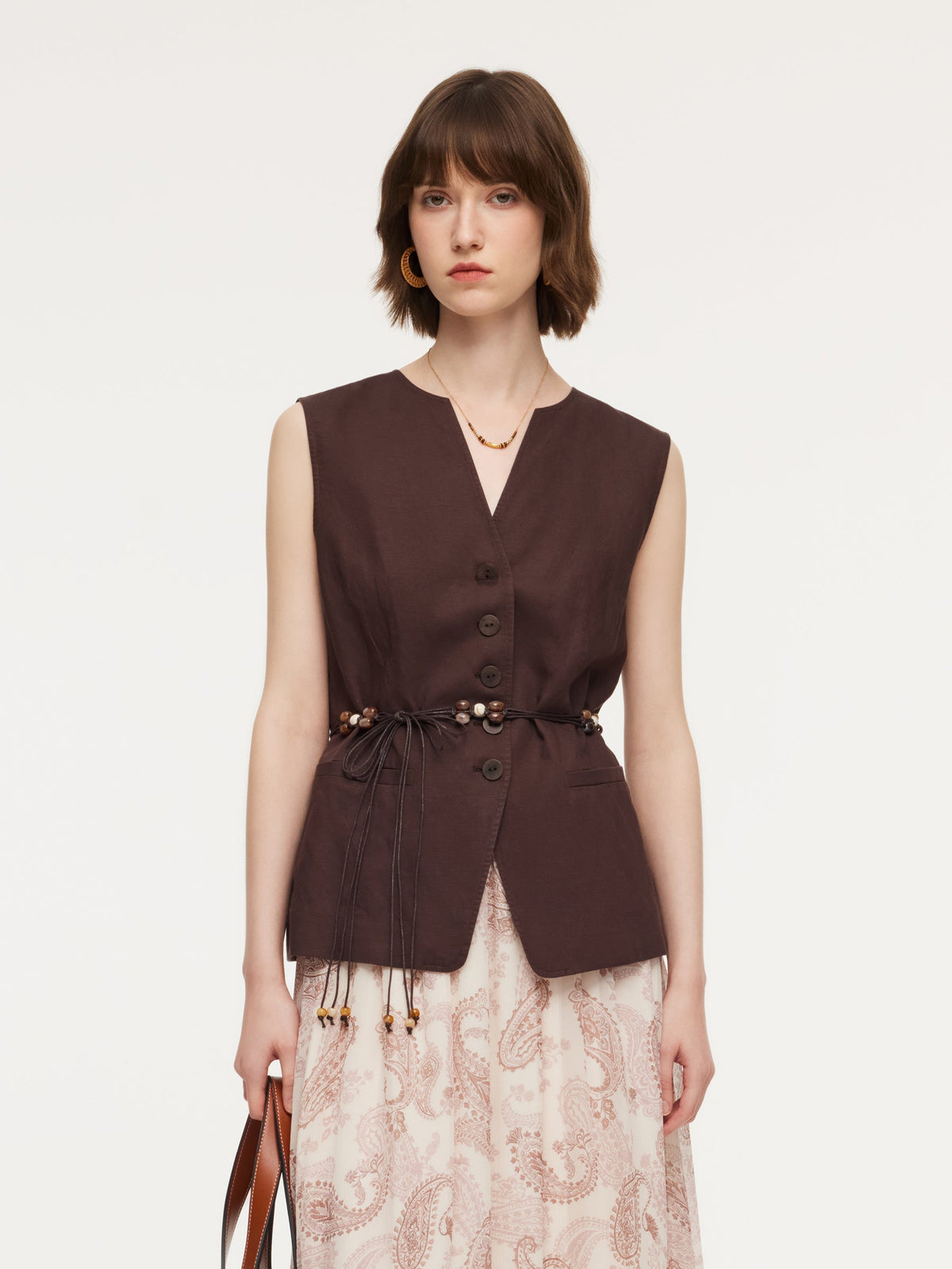 Linen Blend X-Line V-Neck Women Vest