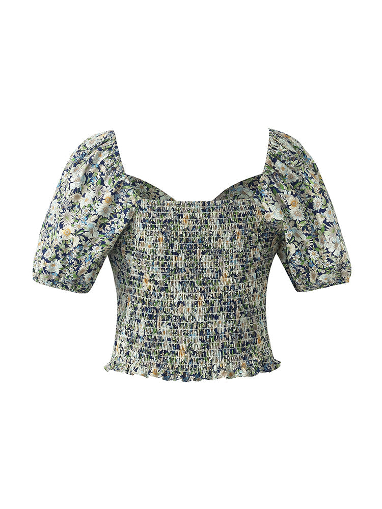 Floral Print Square Neck Puff Sleeves Women Blouse