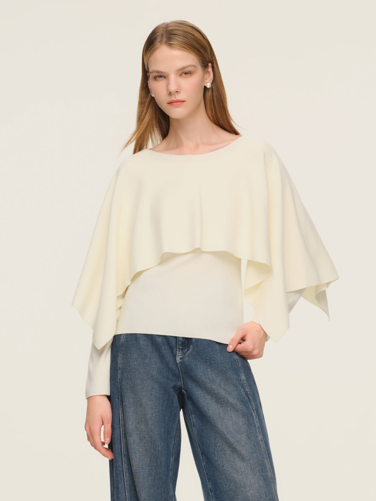 Tencel Wool Blend Women Knit Top With Pullover Cape