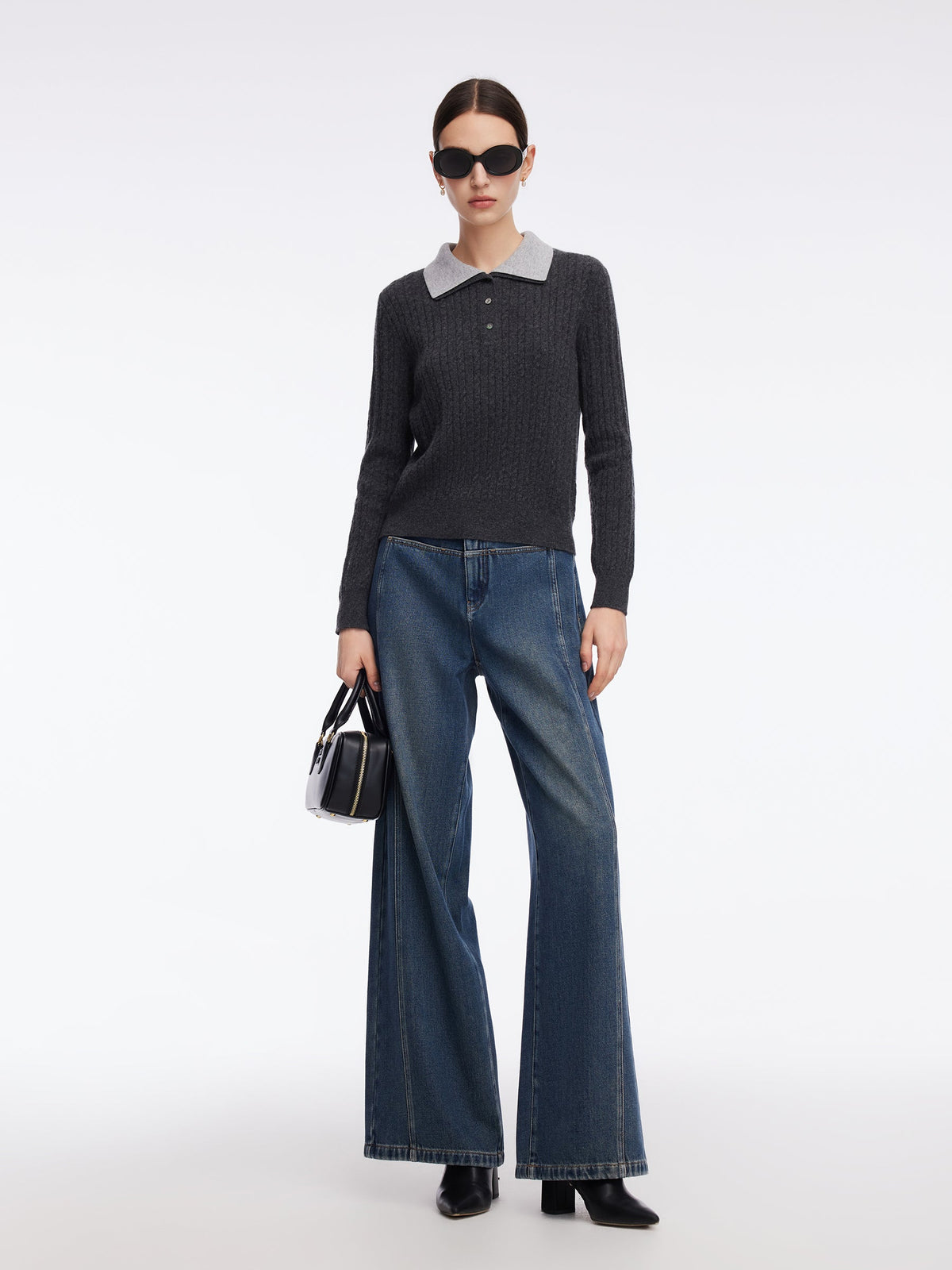 100% Wool Faux-Layered Lapel Women Knit Top