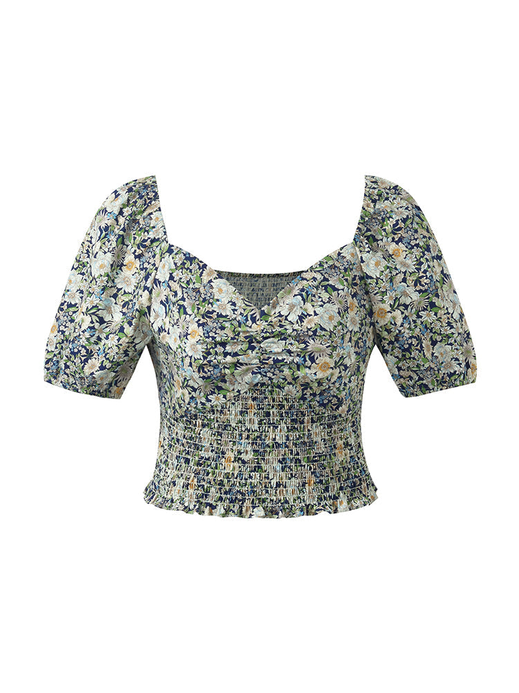 Floral Print Square Neck Puff Sleeves Women Blouse