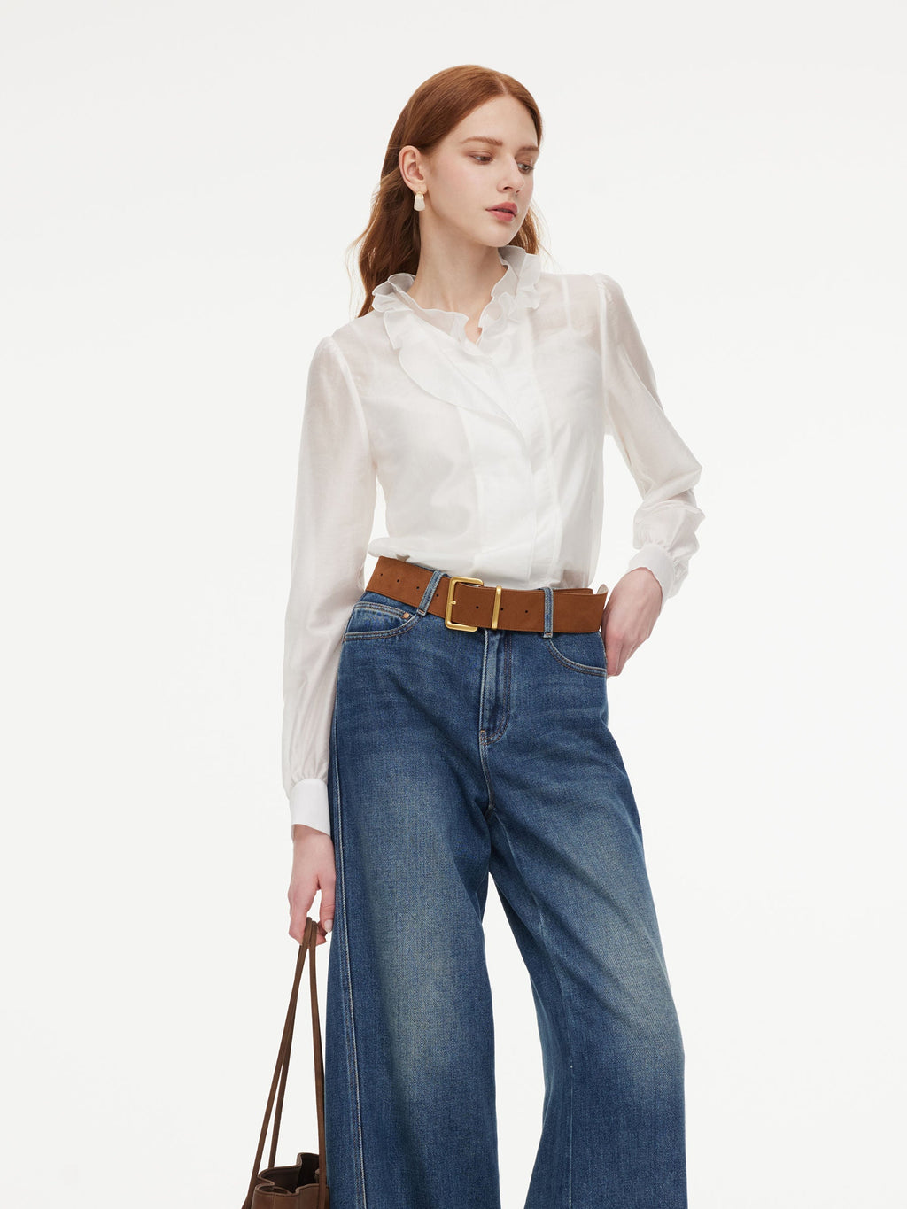 Tencel Blend Ruffle Neck Women Shirt With Knit Camisole