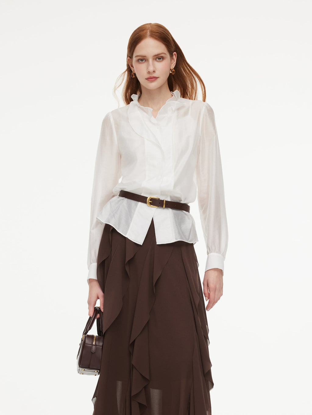 Tencel Blend Ruffle Neck Women Shirt With Knit Camisole