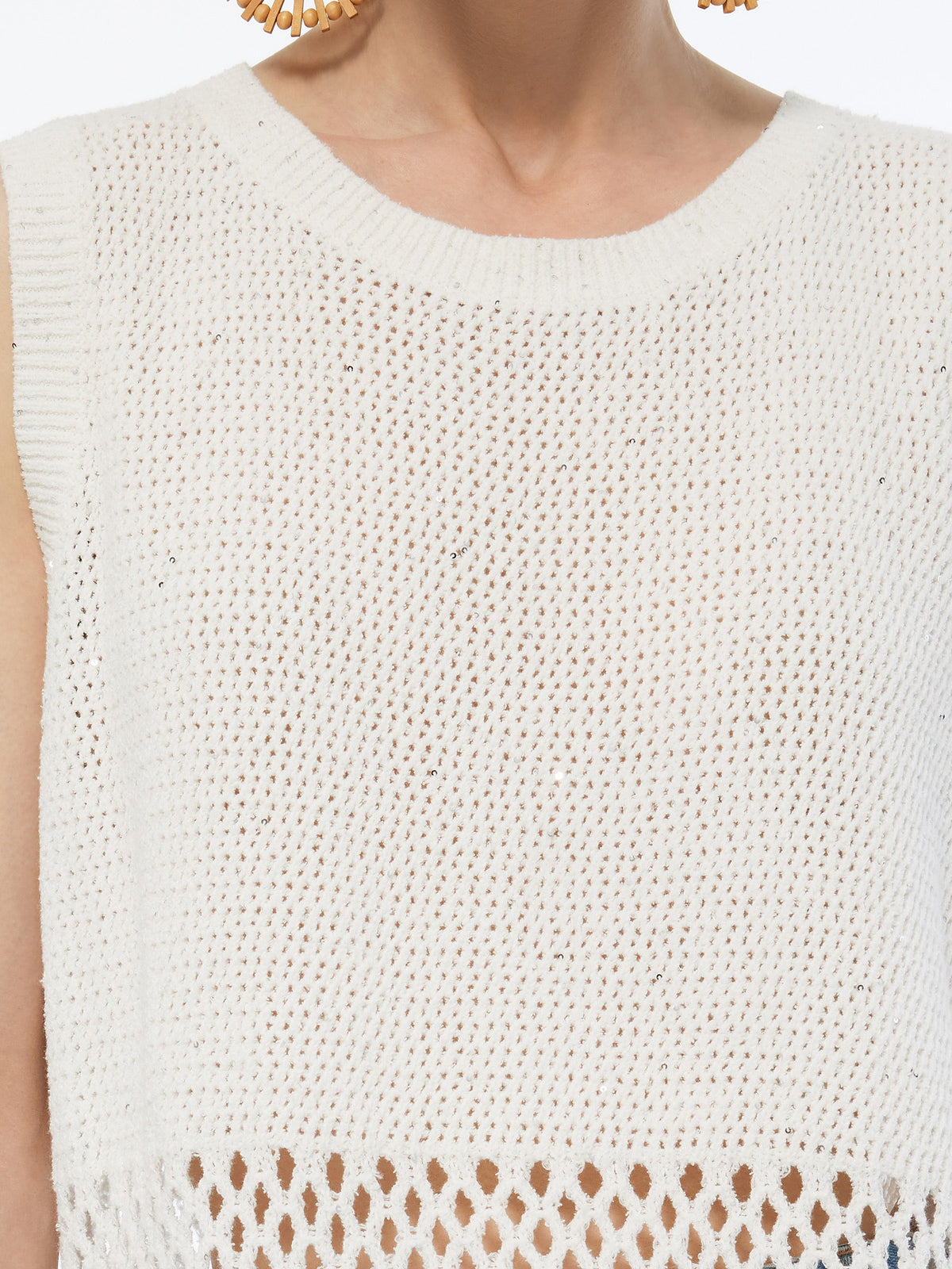 Sequins Tassel Hem Women Openwork Knit Tank Top