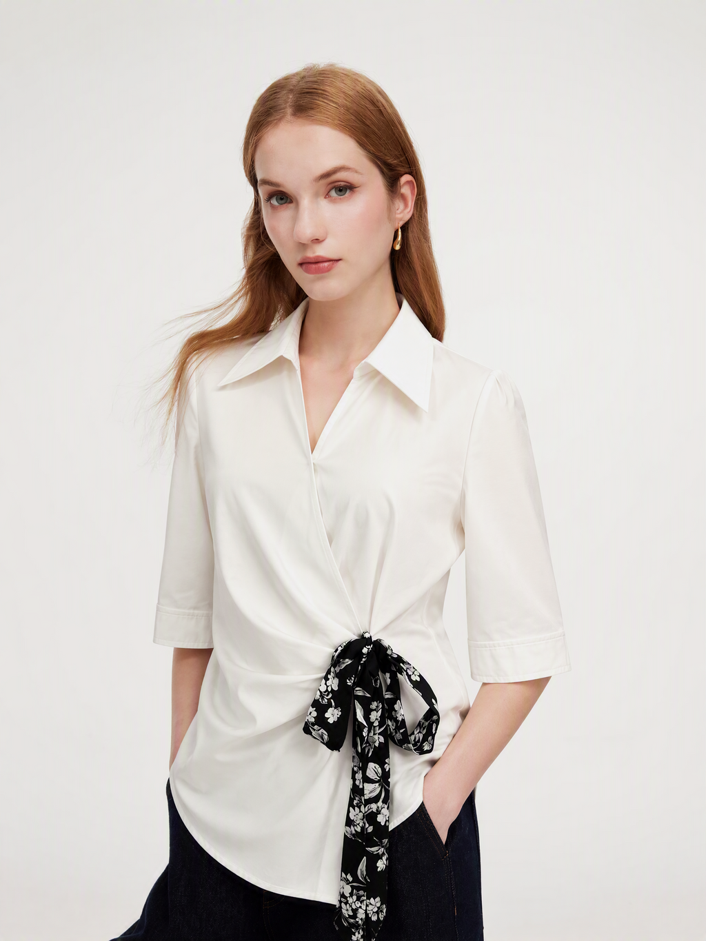100% Cotton Side Twist Women Blouse With Silky Scarf