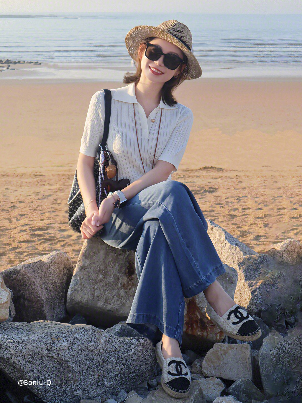 Tencel Blend Openwork Women Knit Polo Top