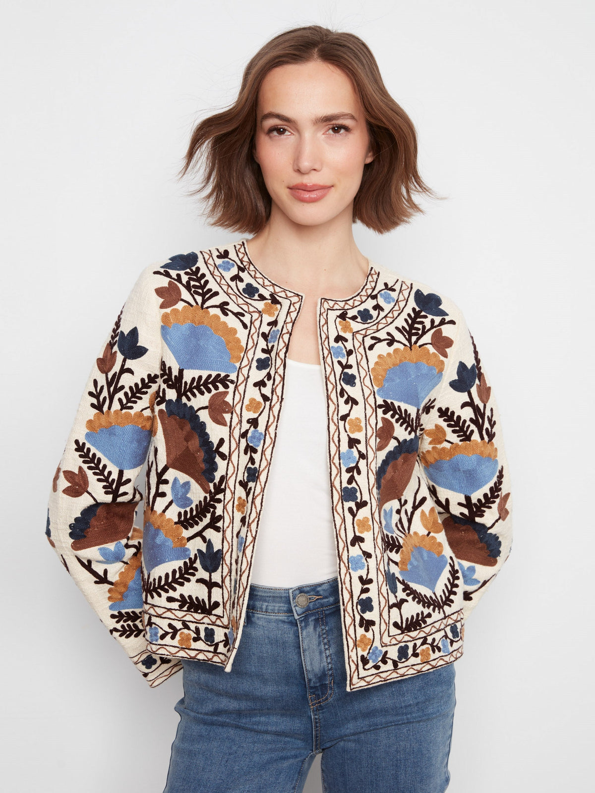 Embroidered Cotton Open Front Jacket - Autumnal