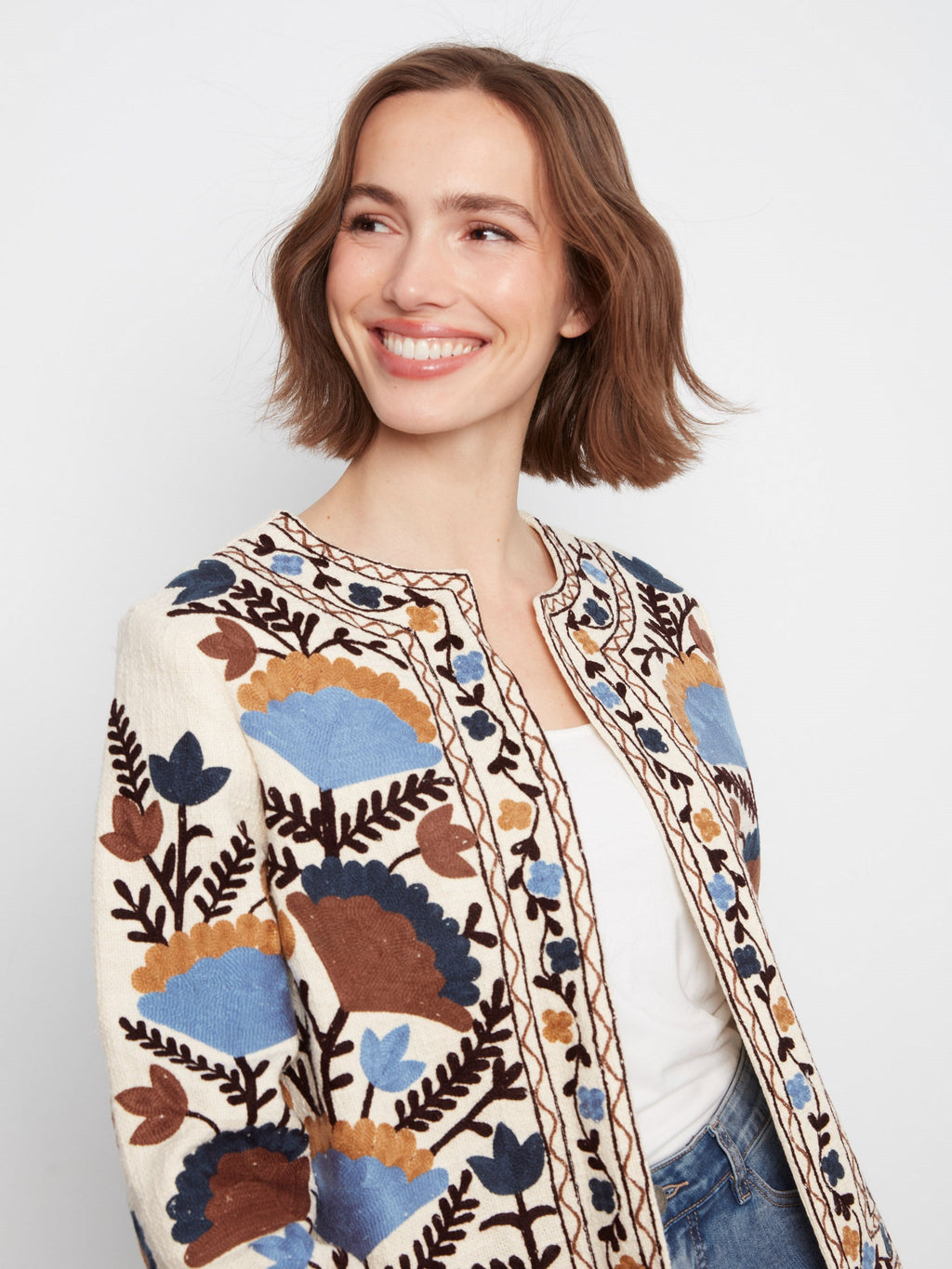 Embroidered Cotton Open Front Jacket - Autumnal