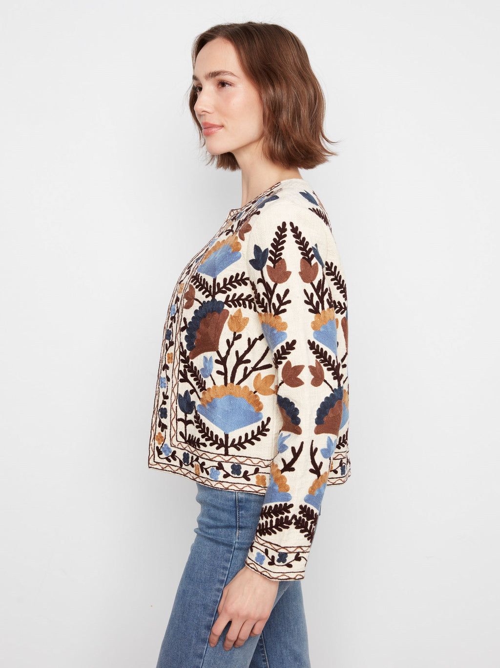 Embroidered Cotton Open Front Jacket - Autumnal
