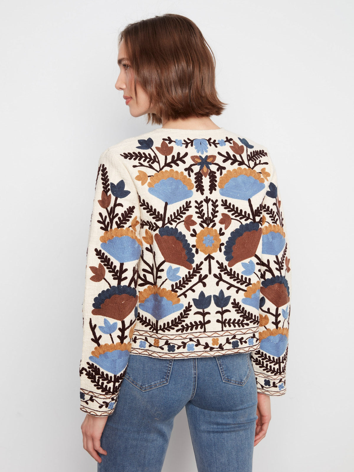 Embroidered Cotton Open Front Jacket - Autumnal