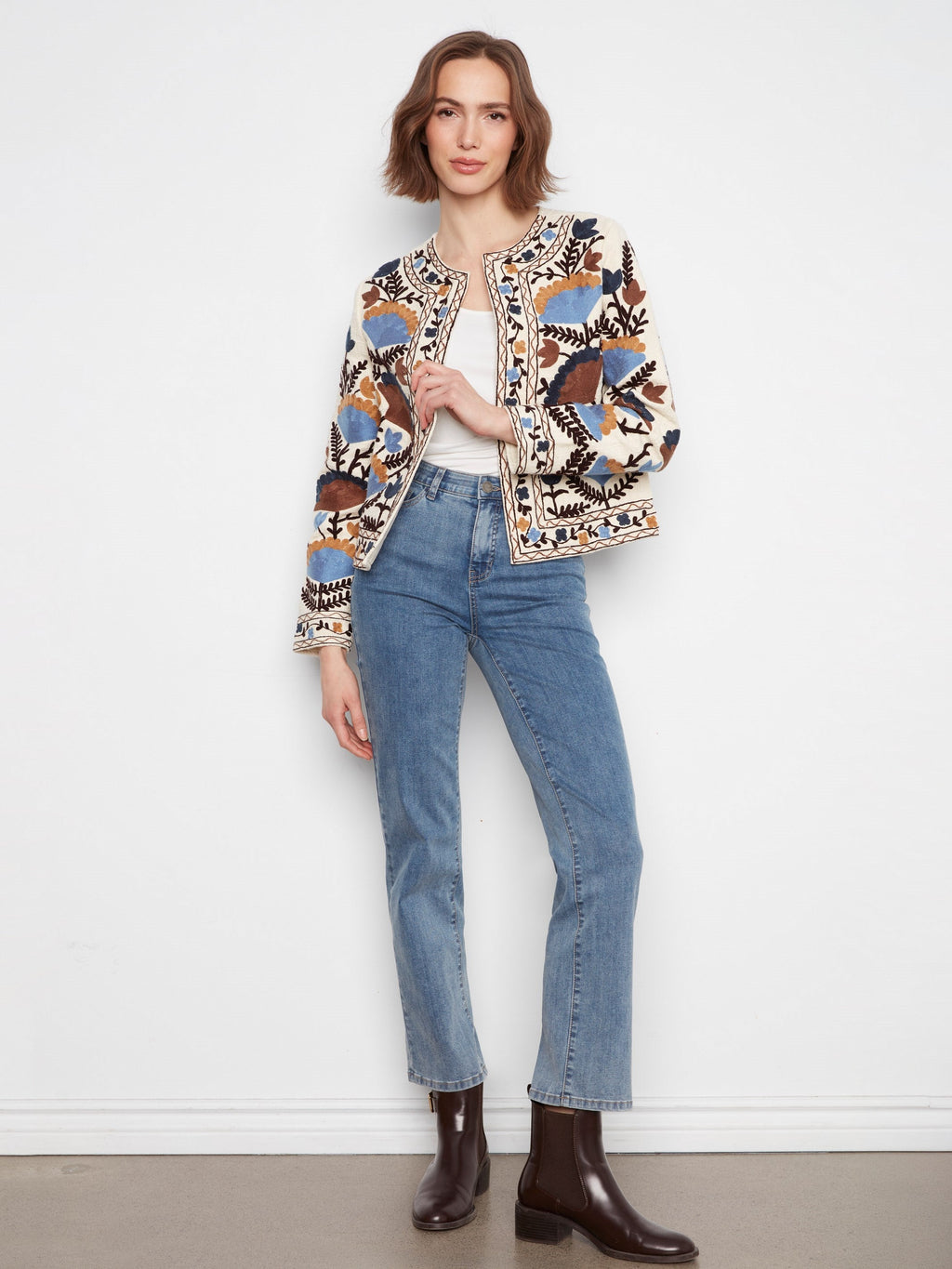 Embroidered Cotton Open Front Jacket - Autumnal