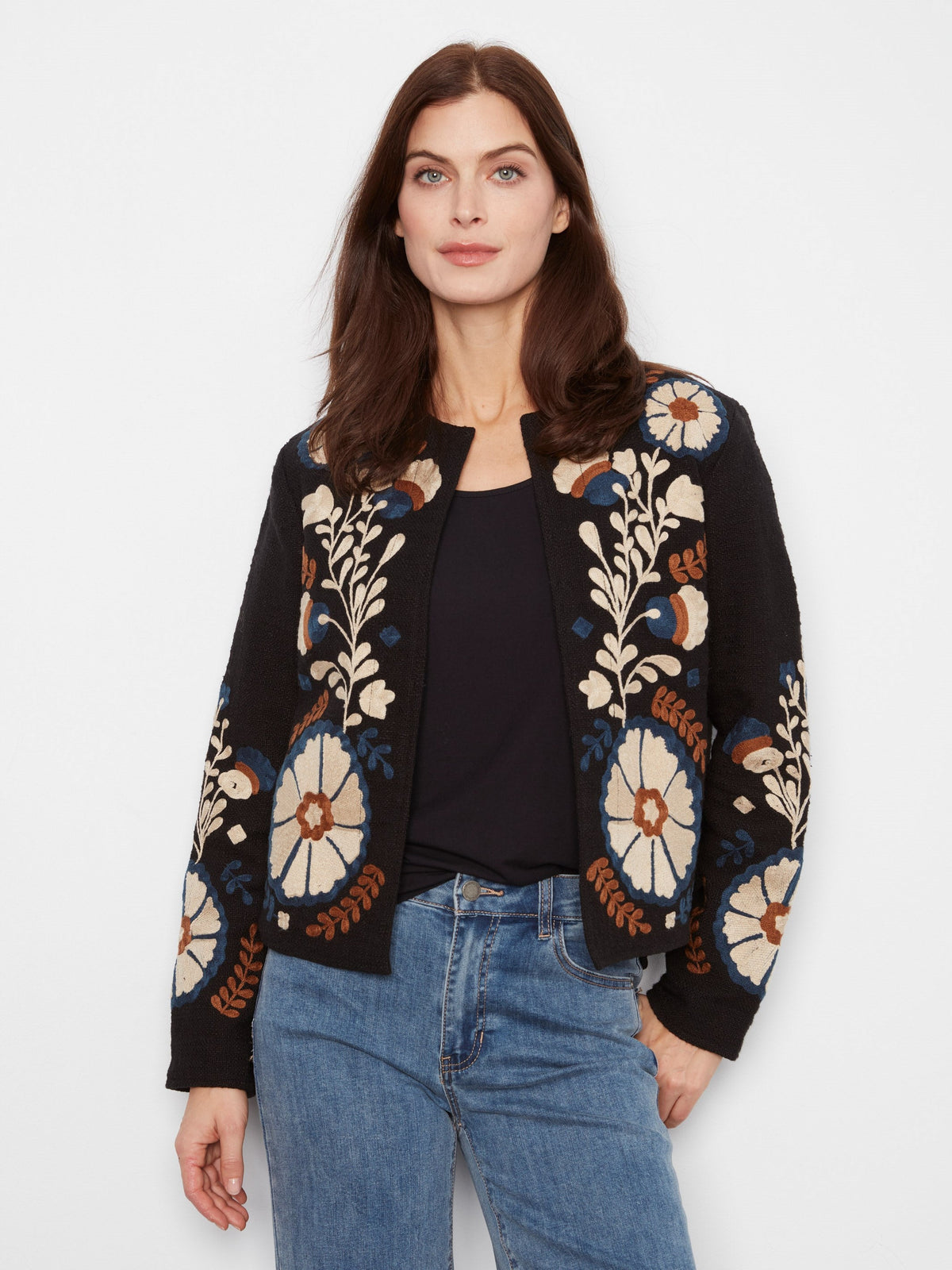 Embroidered Cotton Open Front Jacket - Poem