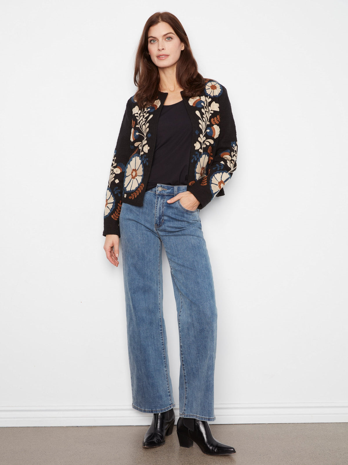 Embroidered Cotton Open Front Jacket - Poem