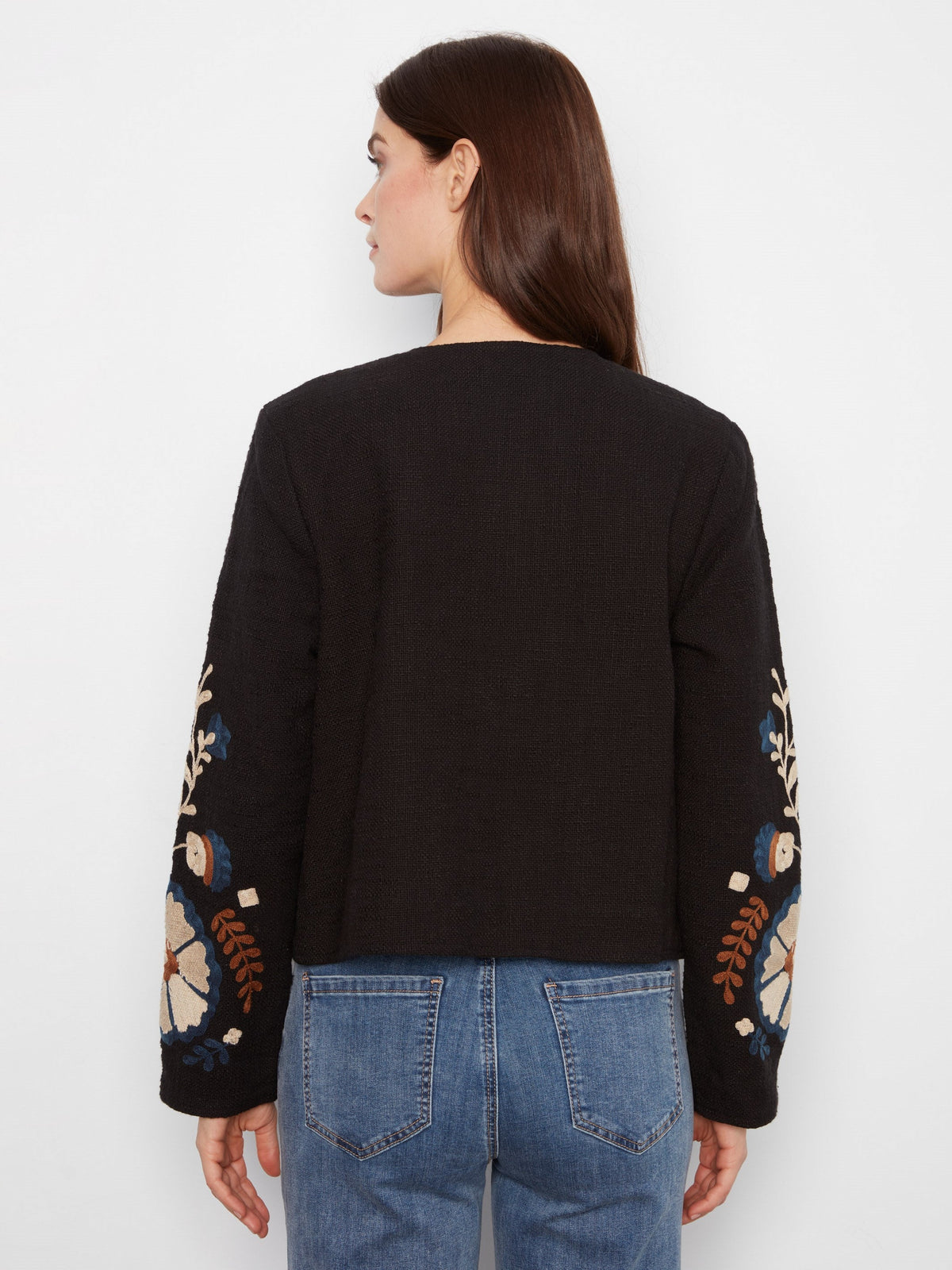 Embroidered Cotton Open Front Jacket - Poem