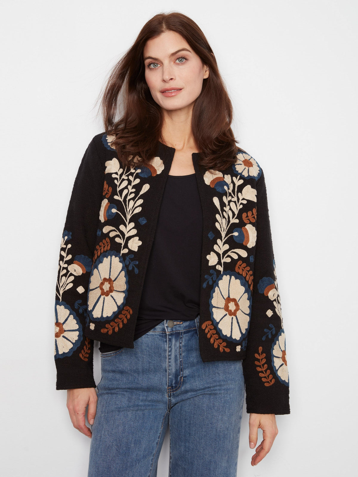 Embroidered Cotton Open Front Jacket - Poem