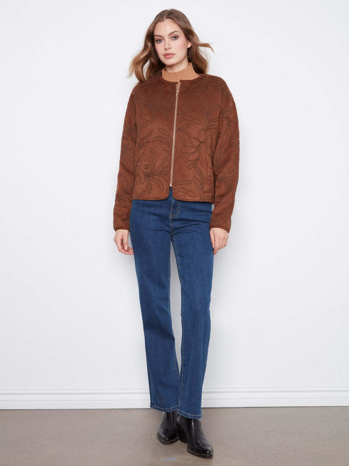 Embroidered Faux Suede Bomber Jacket - Brown