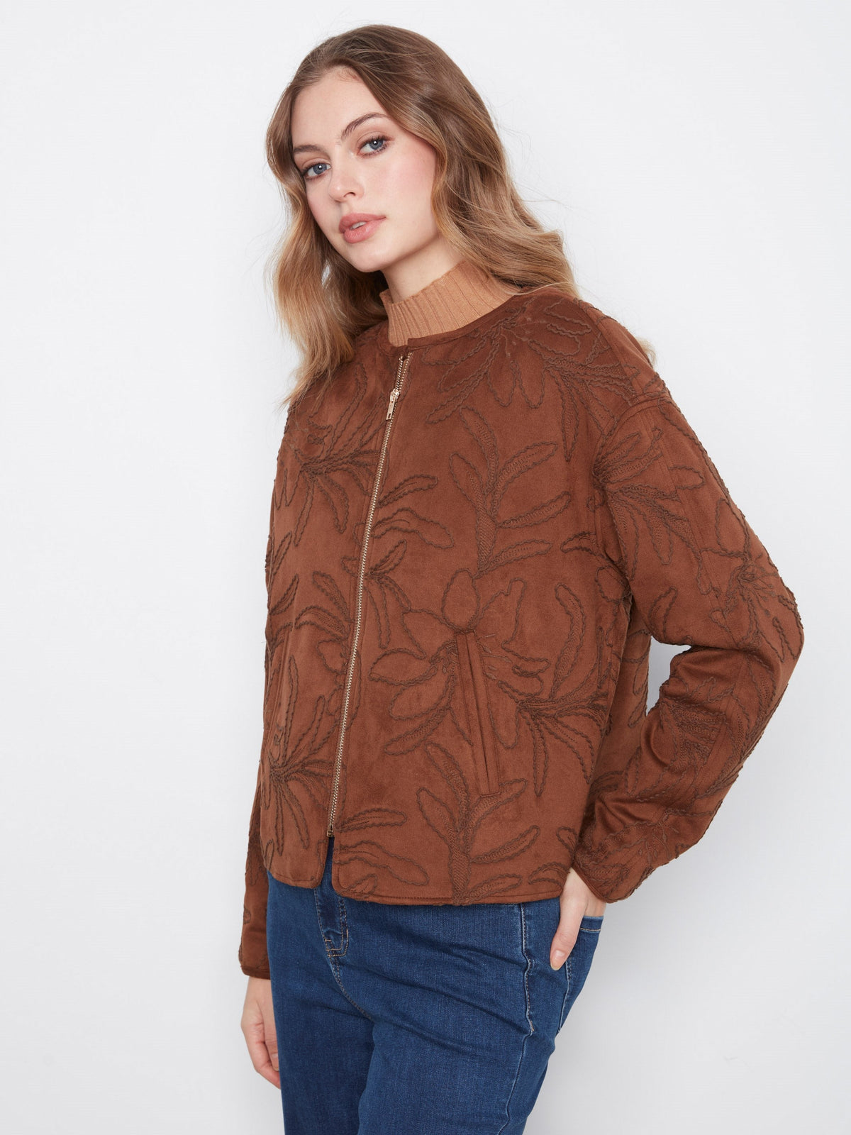 Embroidered Faux Suede Bomber Jacket - Brown