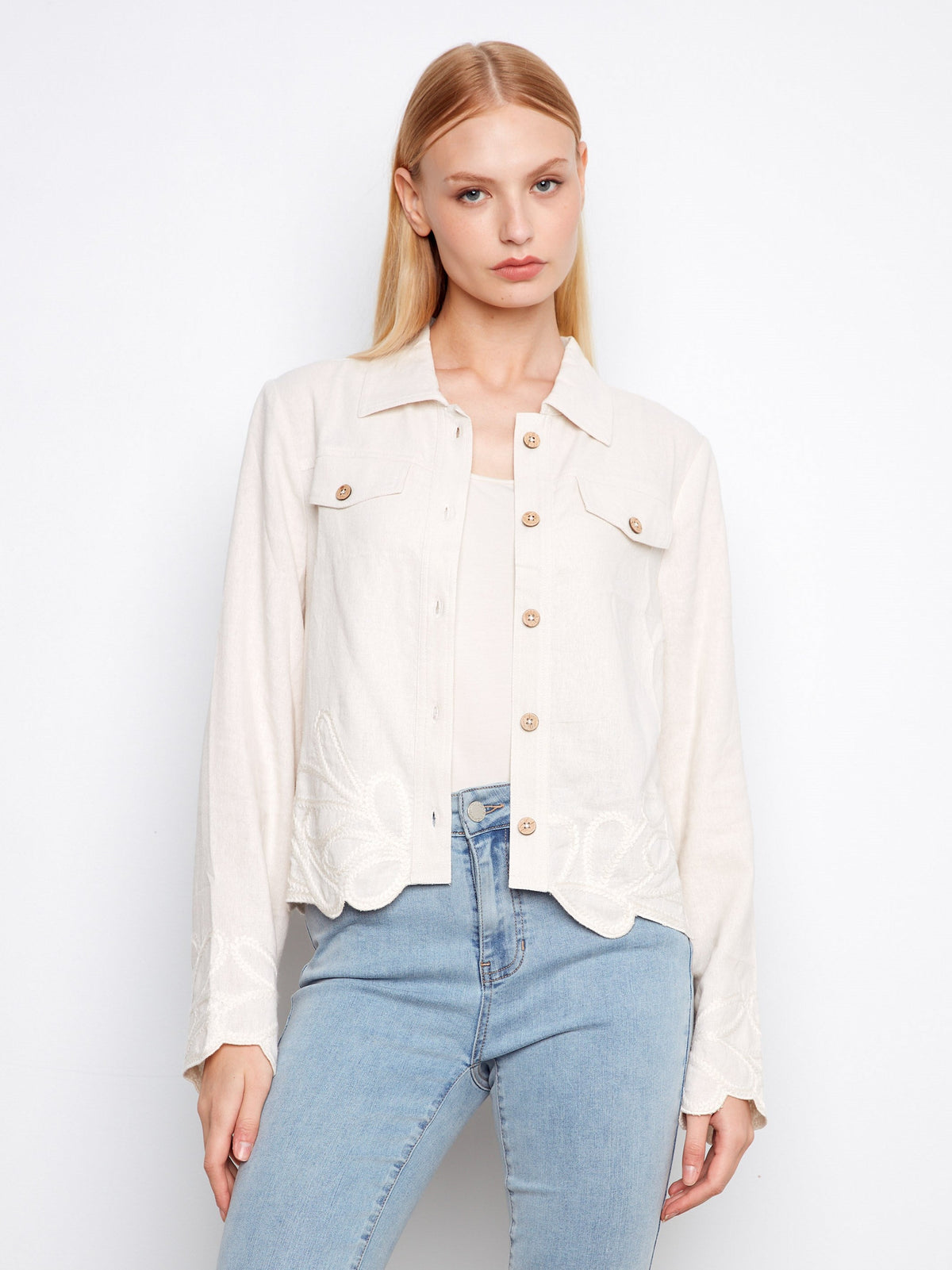 Embroidered Hem Linen Blend Jacket - Natural