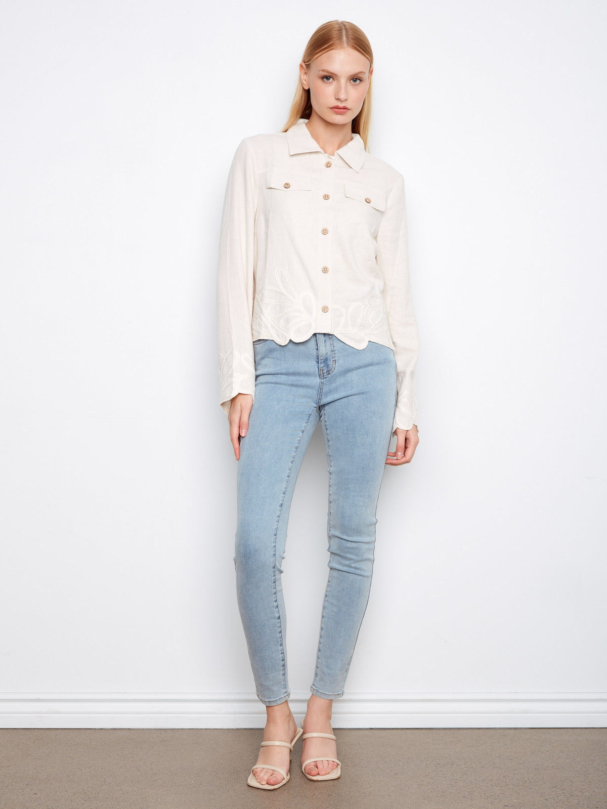 Embroidered Hem Linen Blend Jacket - Natural