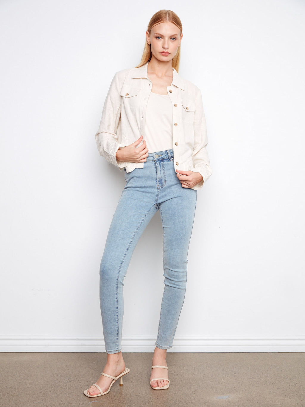 Embroidered Hem Linen Blend Jacket - Natural