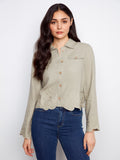Embroidered Hem Linen Blend Jacket - Sage