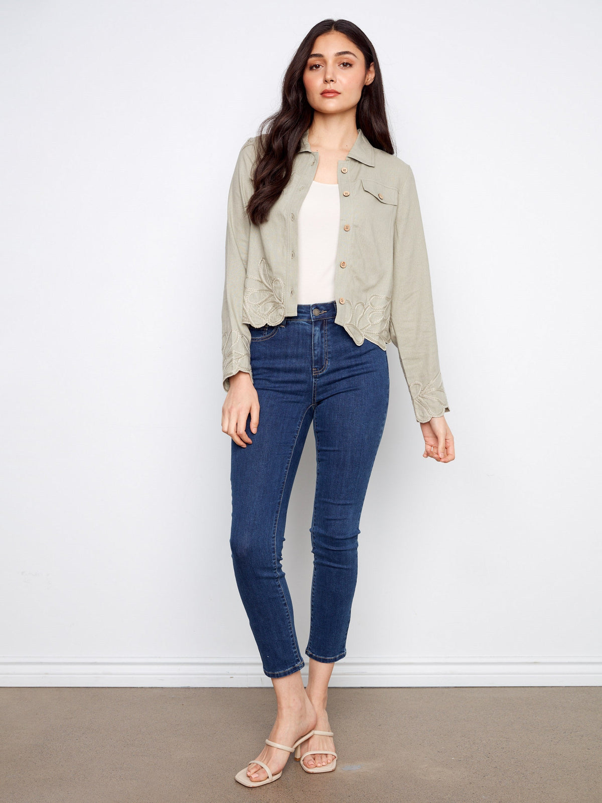 Embroidered Hem Linen Blend Jacket - Sage