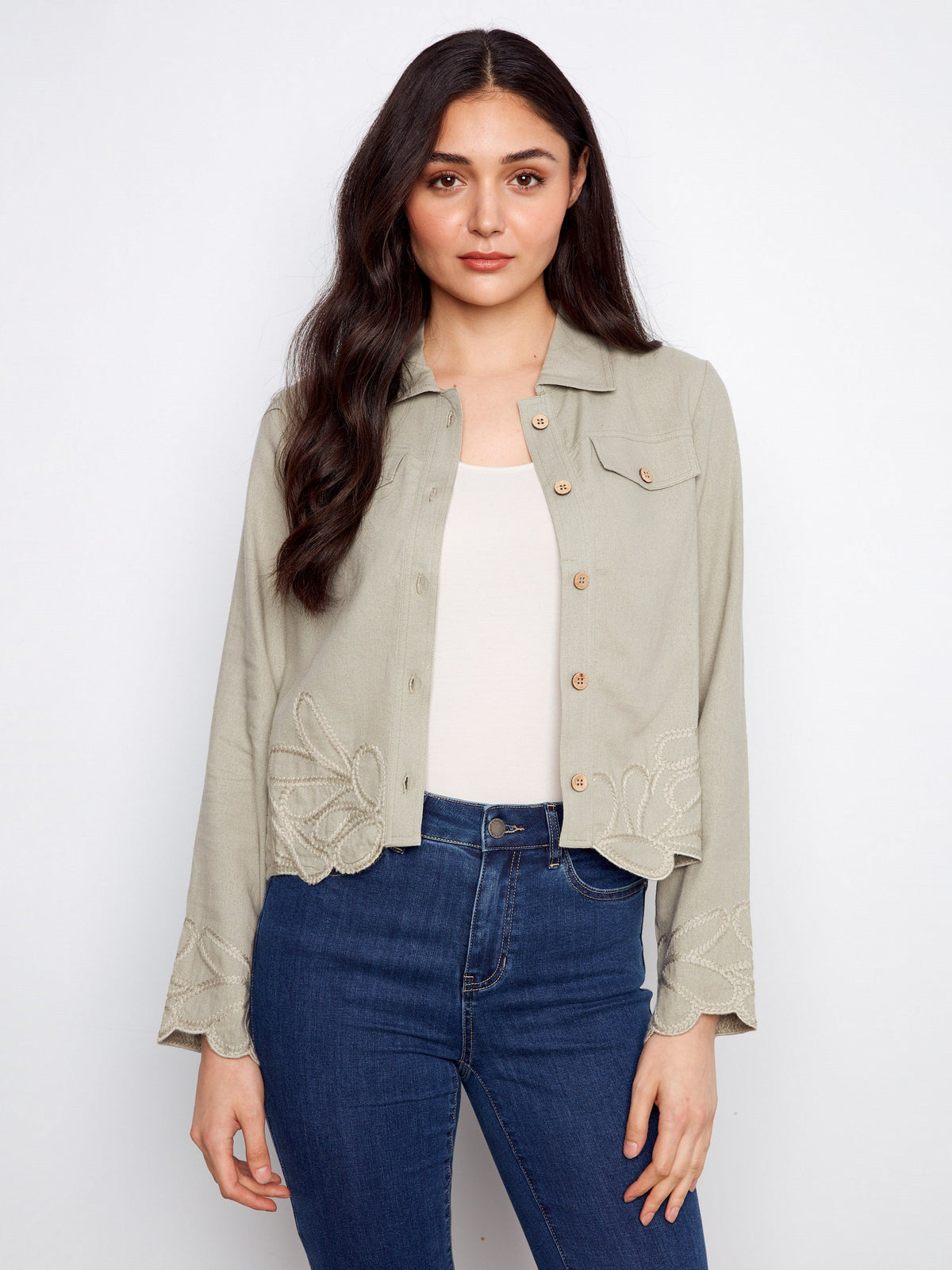 Embroidered Hem Linen Blend Jacket - Sage