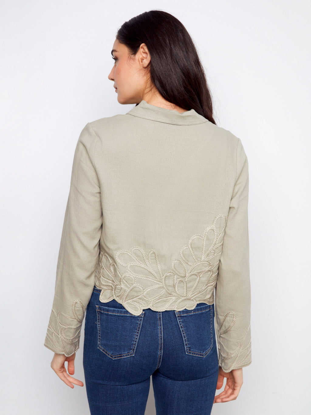 Embroidered Hem Linen Blend Jacket - Sage