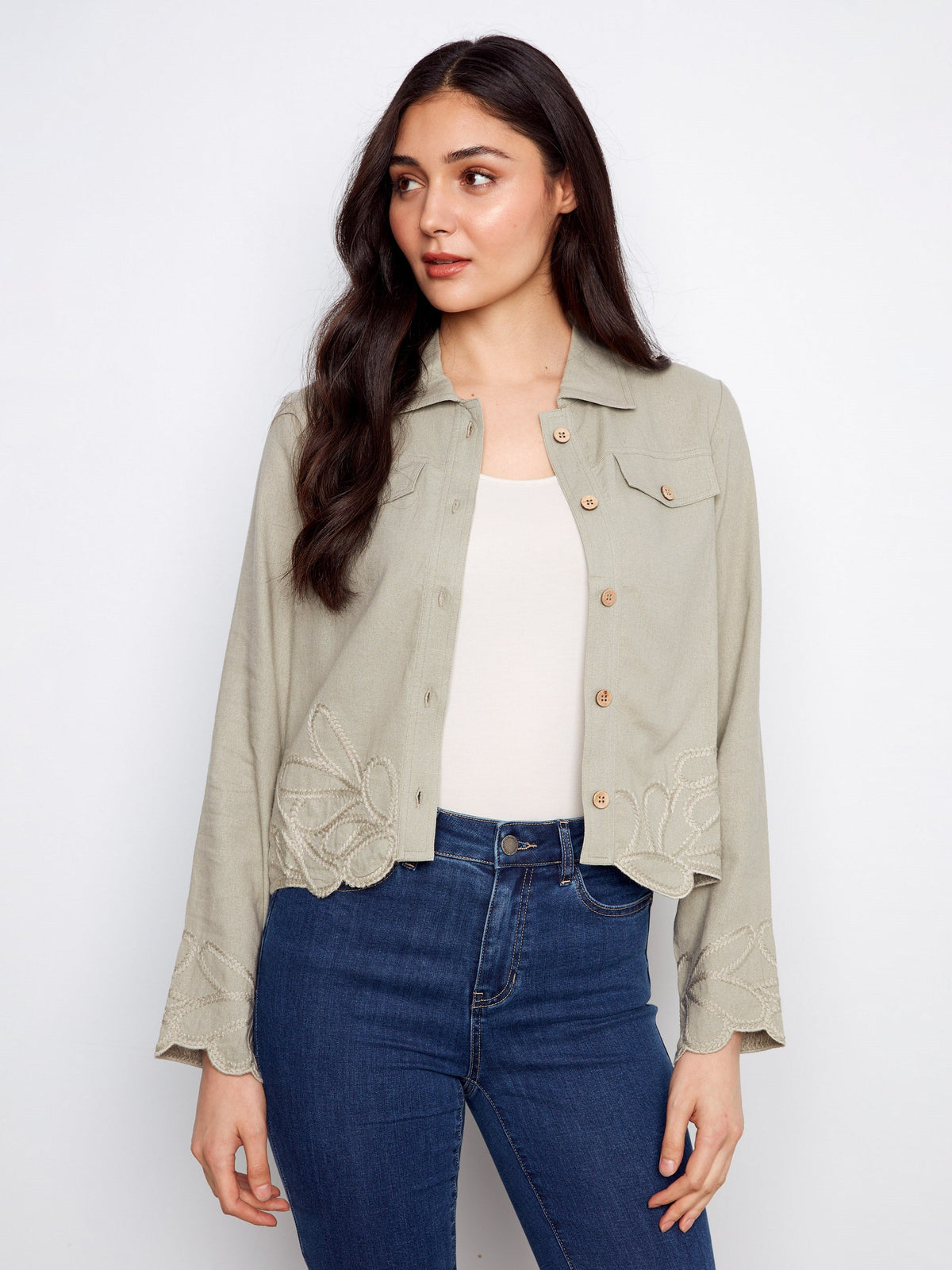 Embroidered Hem Linen Blend Jacket - Sage