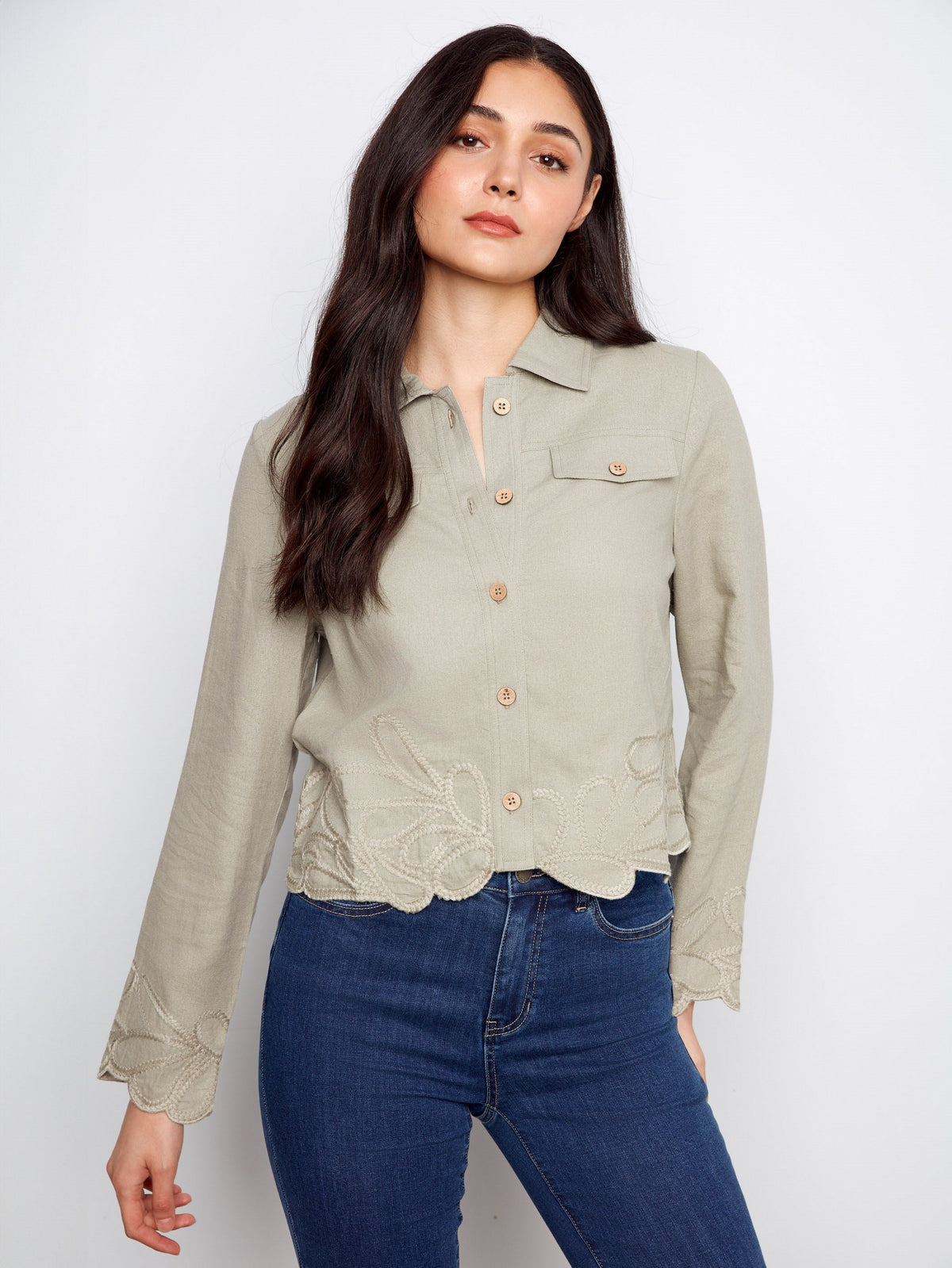Embroidered Hem Linen Blend Jacket - Sage