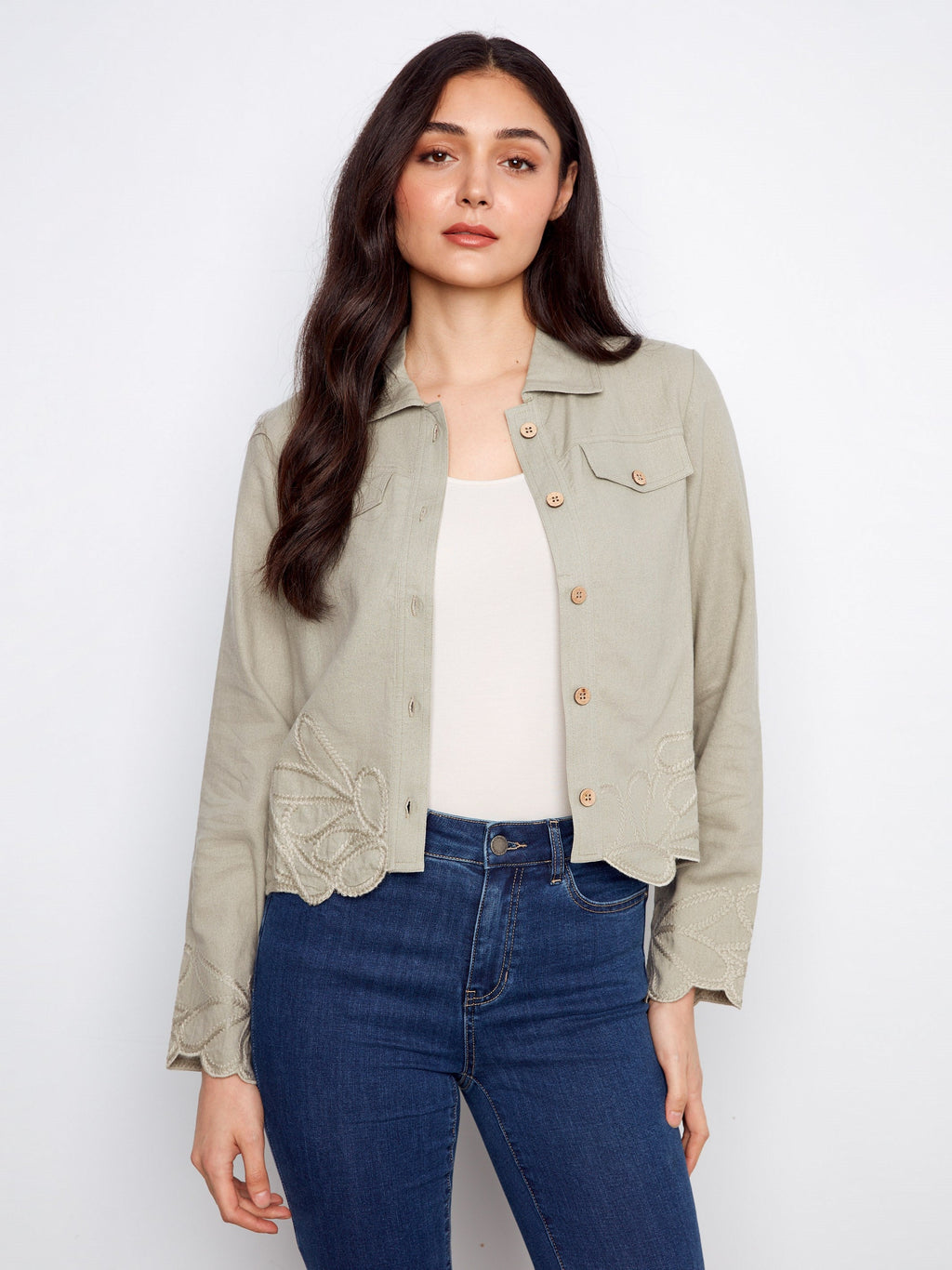 Embroidered Hem Linen Blend Jacket - Sage