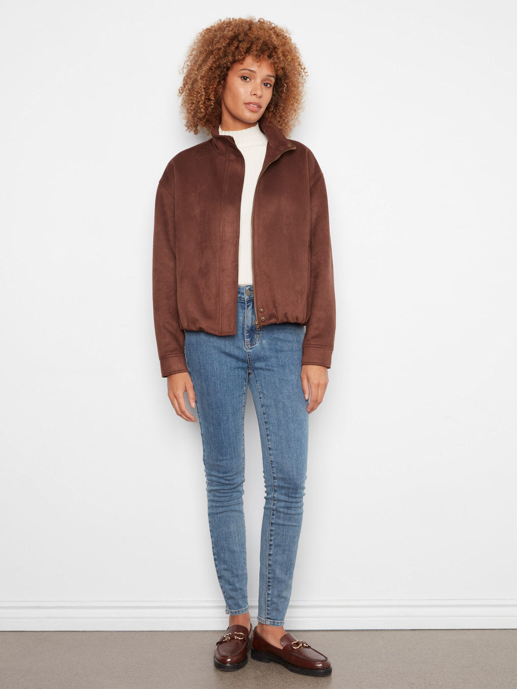 Faux Suede Bomber Jacket - Coffee