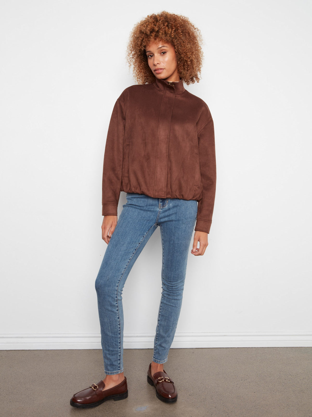 Faux Suede Bomber Jacket - Coffee