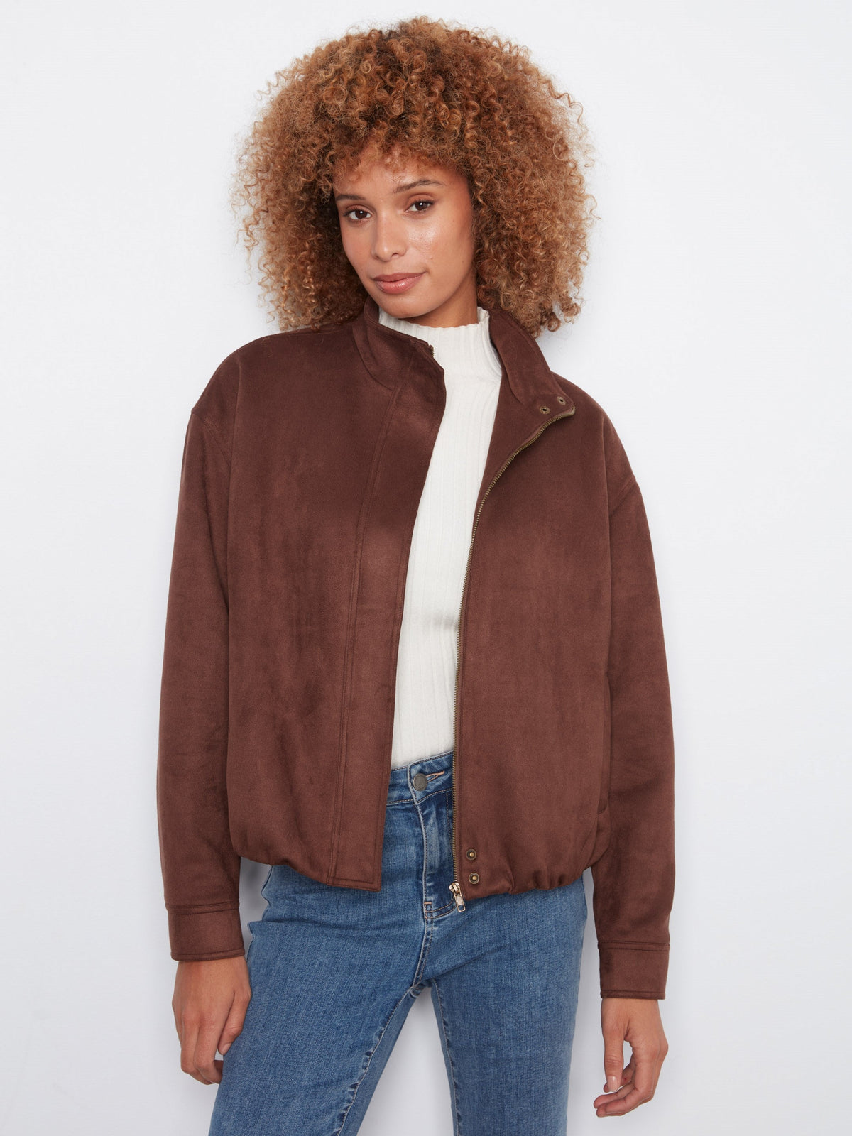 Faux Suede Bomber Jacket - Coffee