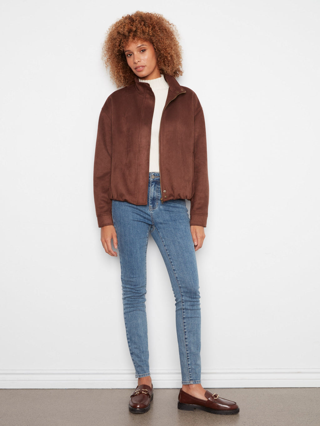 Faux Suede Bomber Jacket - Coffee