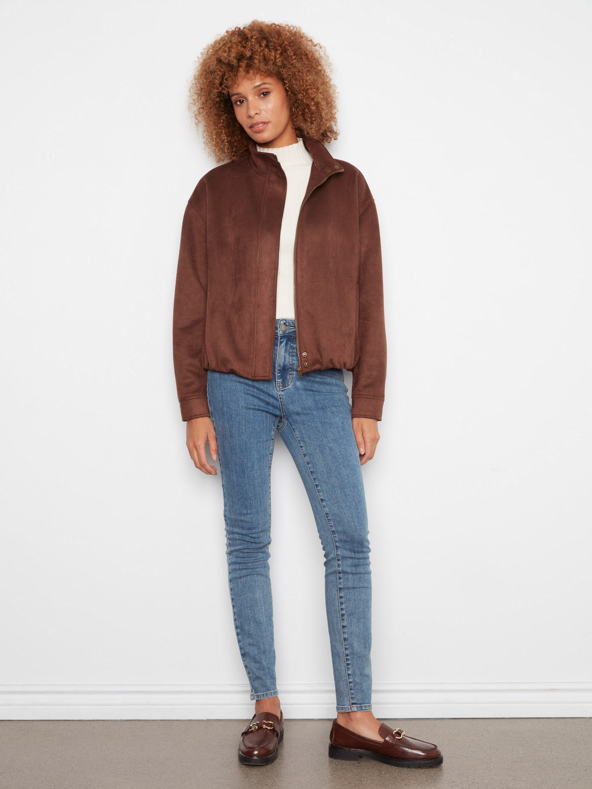 Faux Suede Bomber Jacket - Coffee