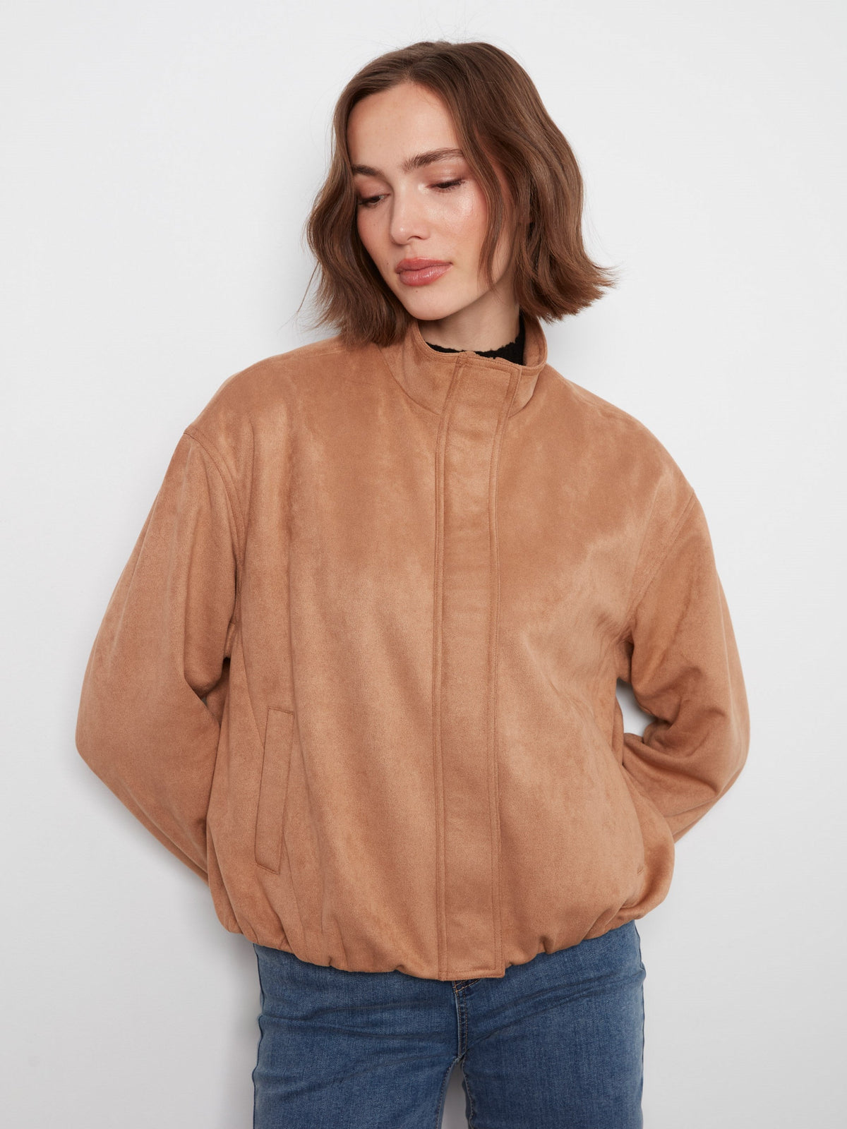 Faux Suede Bomber Jacket - Latte