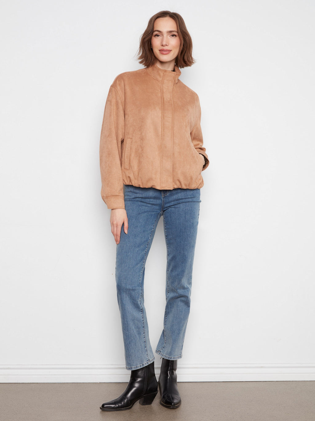 Faux Suede Bomber Jacket - Latte