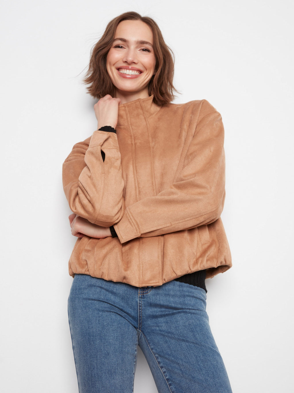 Faux Suede Bomber Jacket - Latte