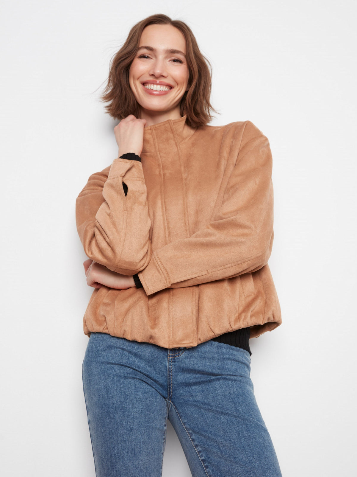 Faux Suede Bomber Jacket - Latte