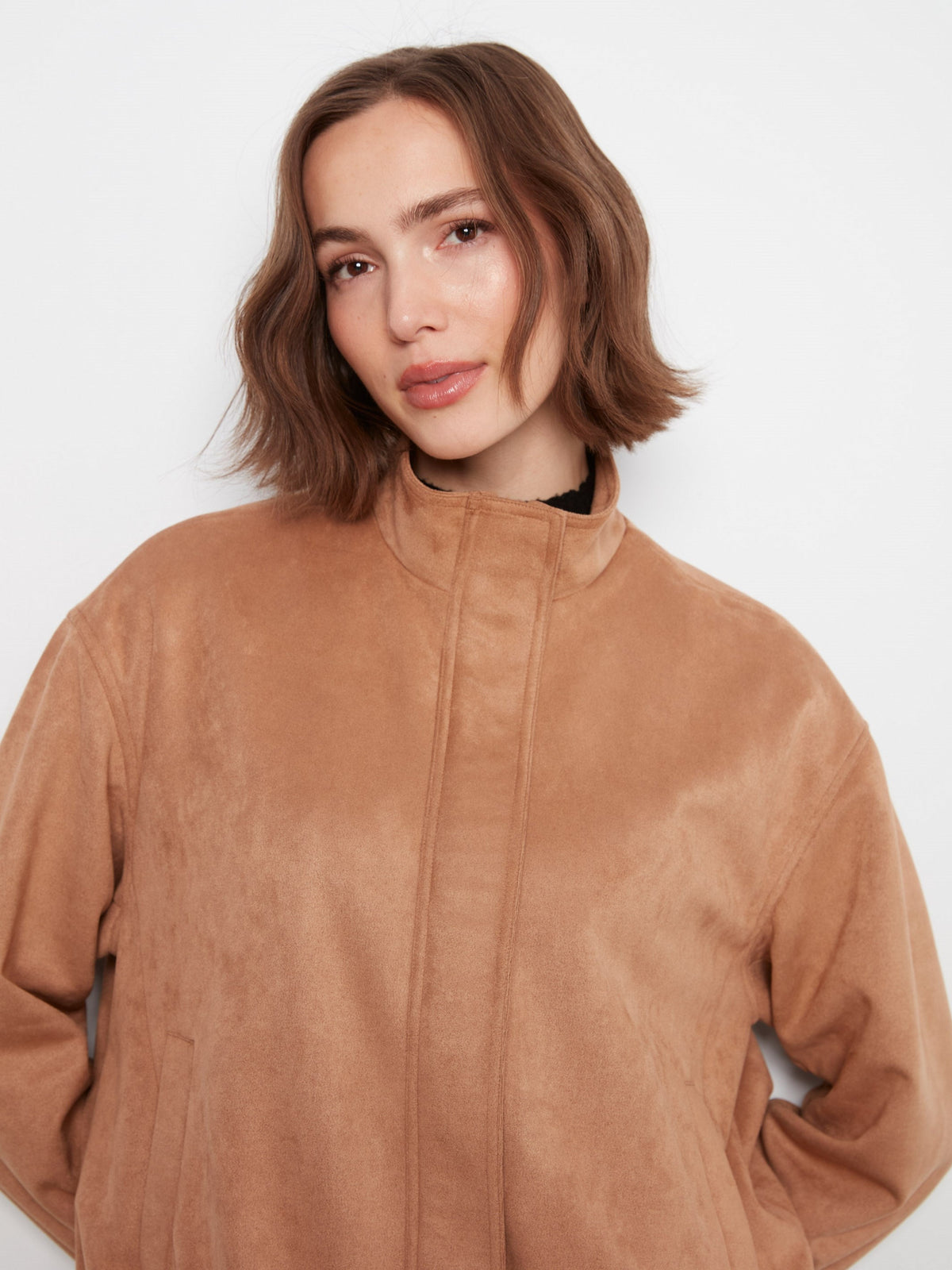 Faux Suede Bomber Jacket - Latte