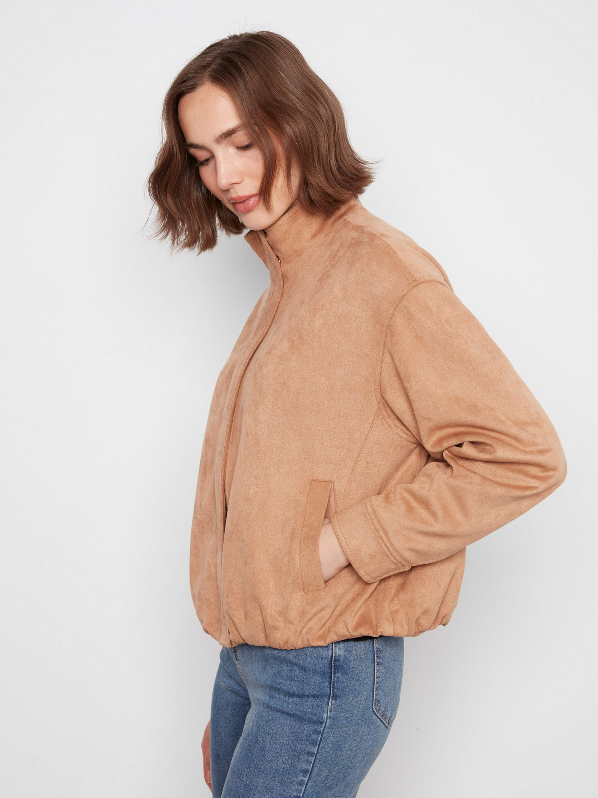 Faux Suede Bomber Jacket - Latte