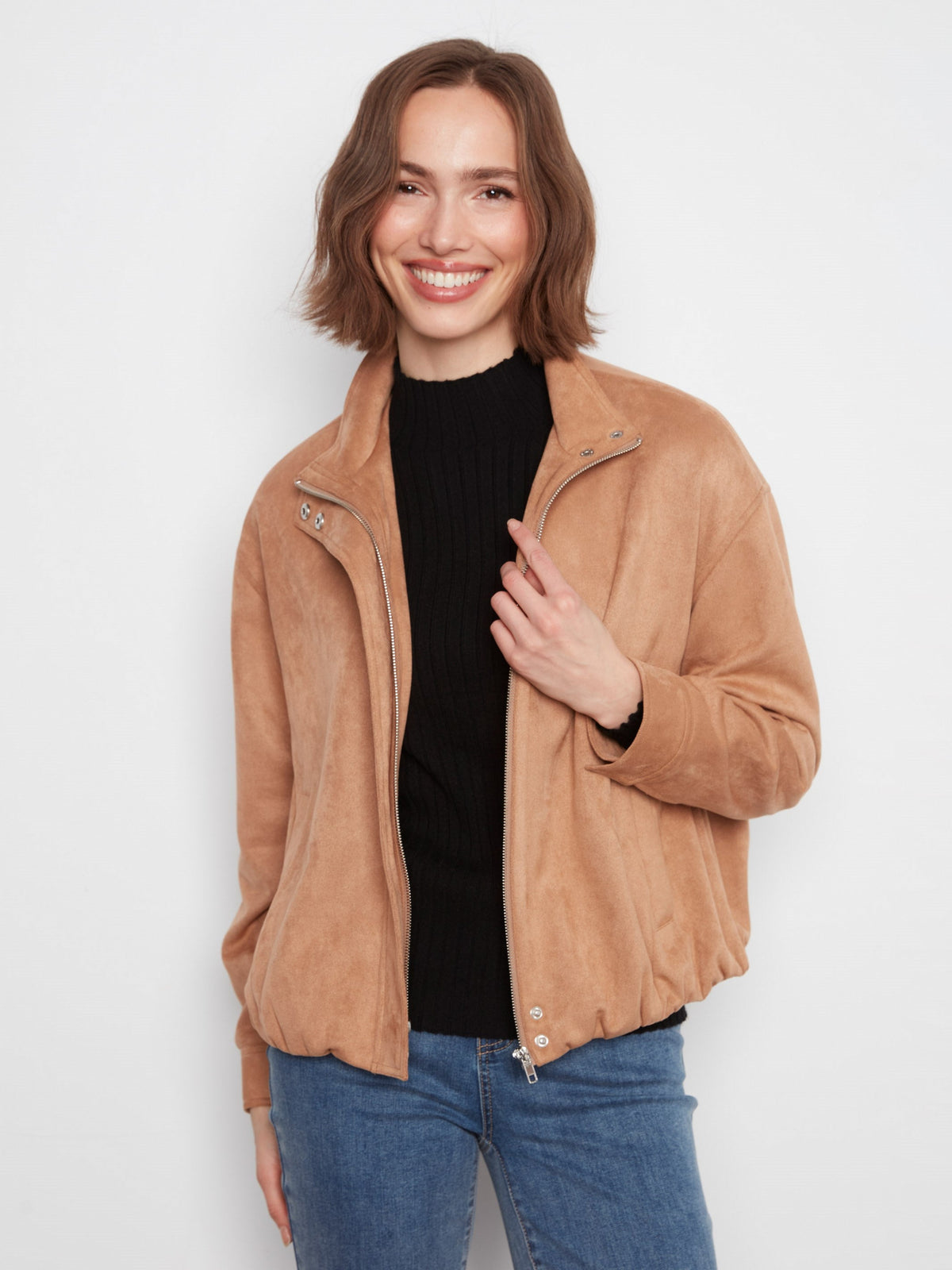 Faux Suede Bomber Jacket - Latte