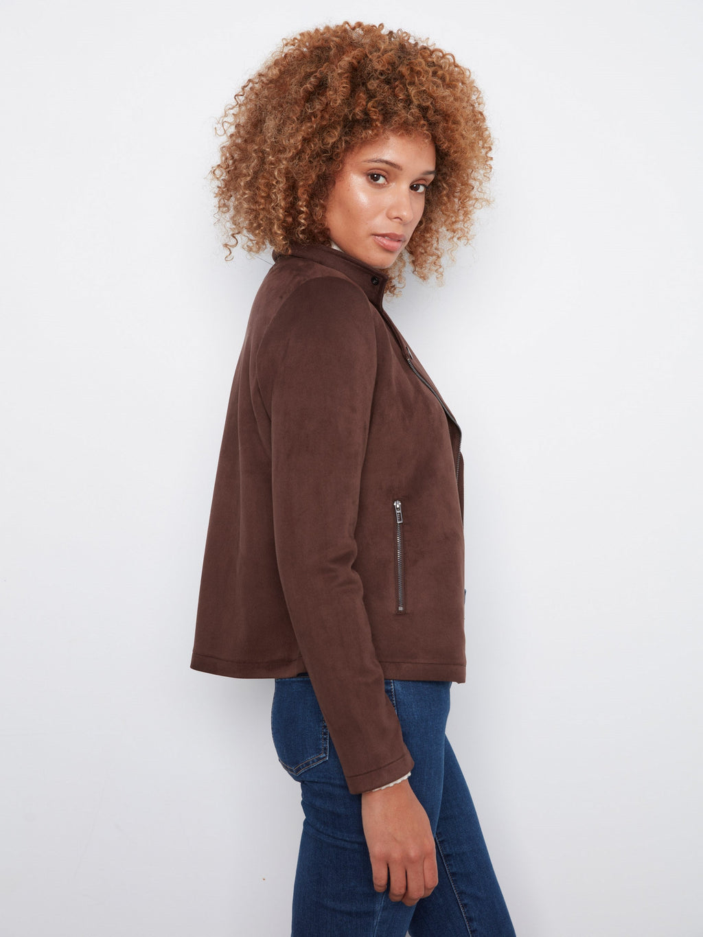 Faux Suede Moto Jacket - Coffee