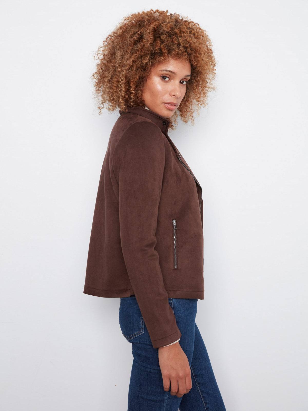 Faux Suede Moto Jacket - Coffee