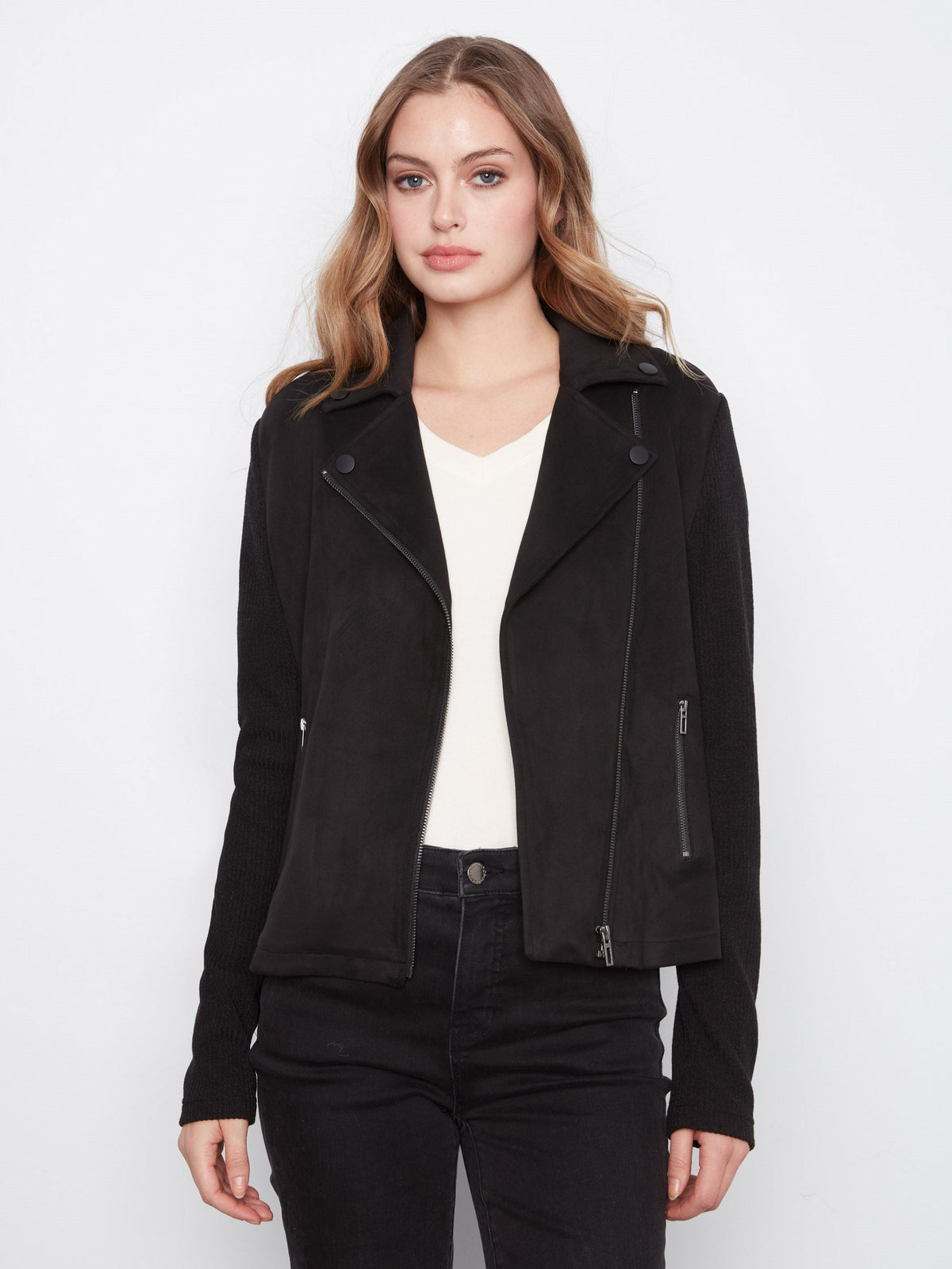 Faux Suede Moto Jacket With Knit Sleeves - Black