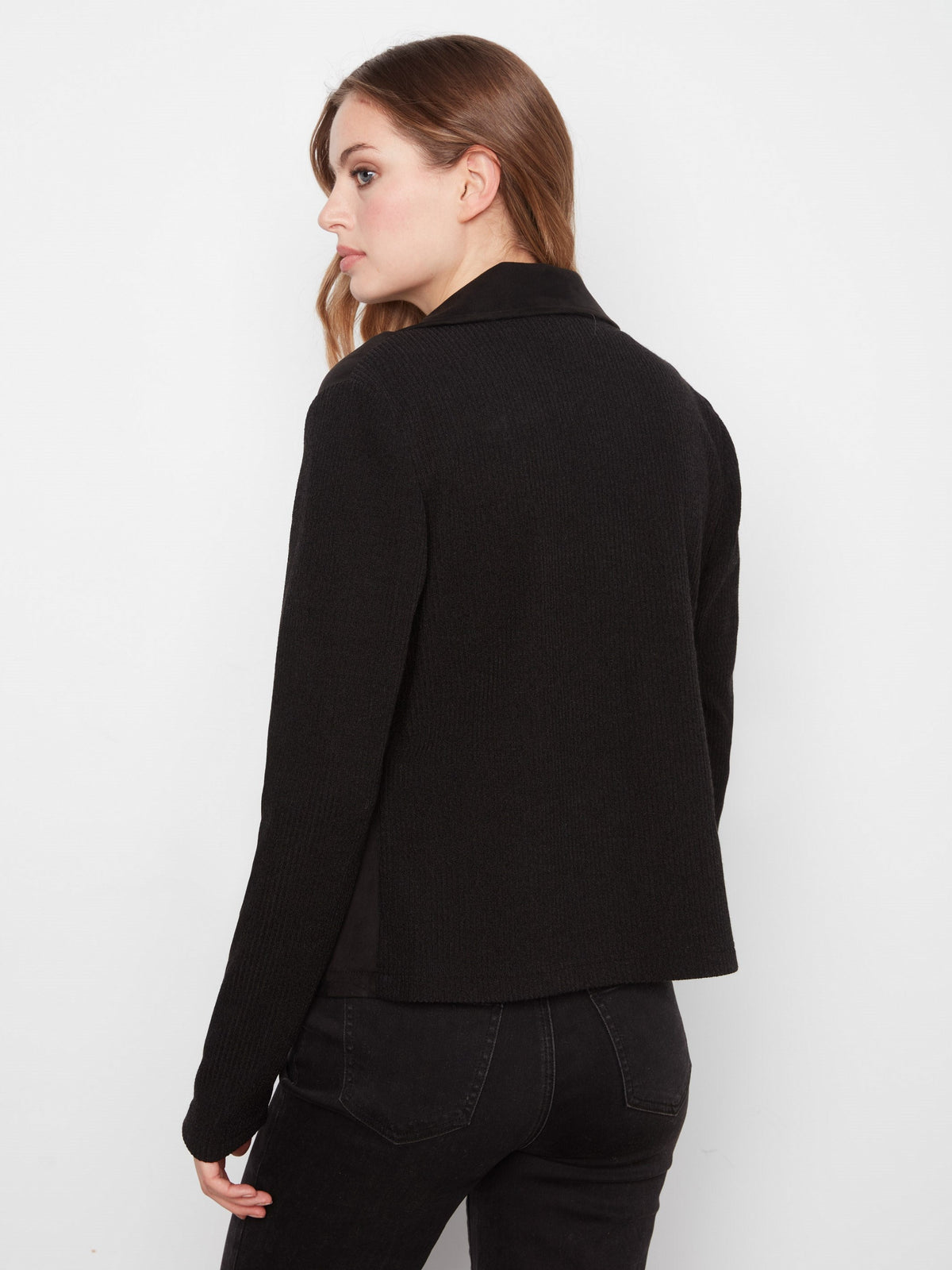 Faux Suede Moto Jacket With Knit Sleeves - Black