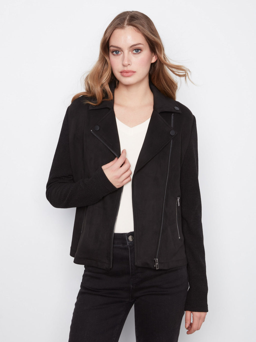 Faux Suede Moto Jacket With Knit Sleeves - Black