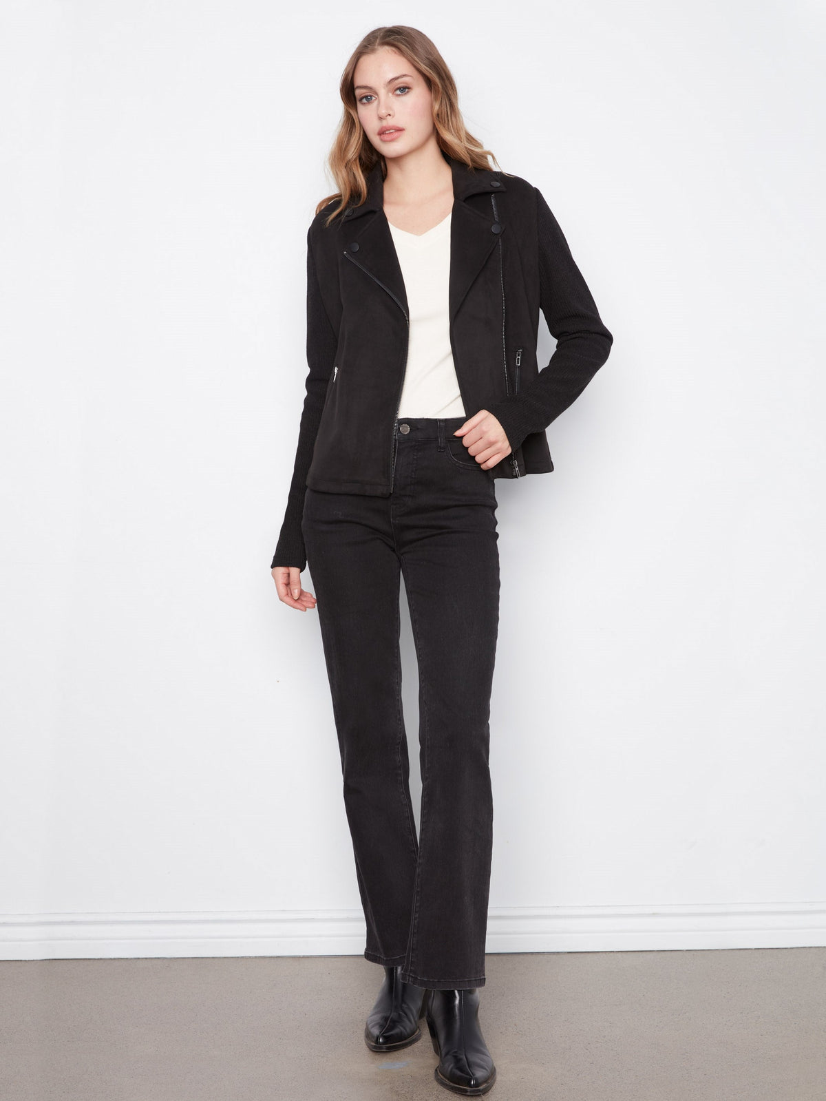 Faux Suede Moto Jacket With Knit Sleeves - Black