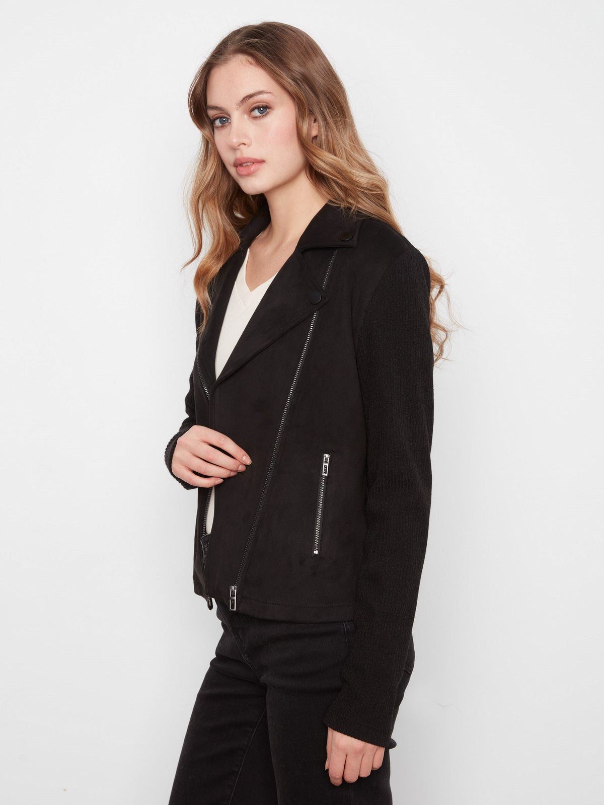 Faux Suede Moto Jacket With Knit Sleeves - Black